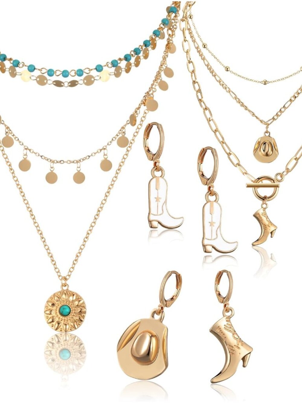 6 Pcs Cowgirl Jewelry For Women Turquoise Chain Layered Necklace Cowgirl Boot Ha